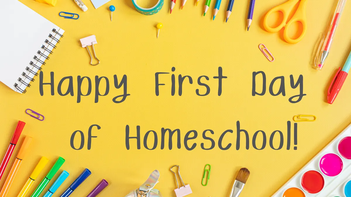 Happy First Day of Homeschool Frame TV sign — colorful school supplies on yellow background